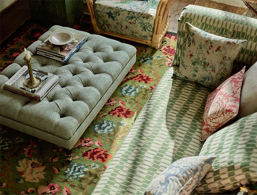 Bedham Footstool in RHS Gertrude Jekyll Lattice Green with other Exclusive Mixed Fabrics